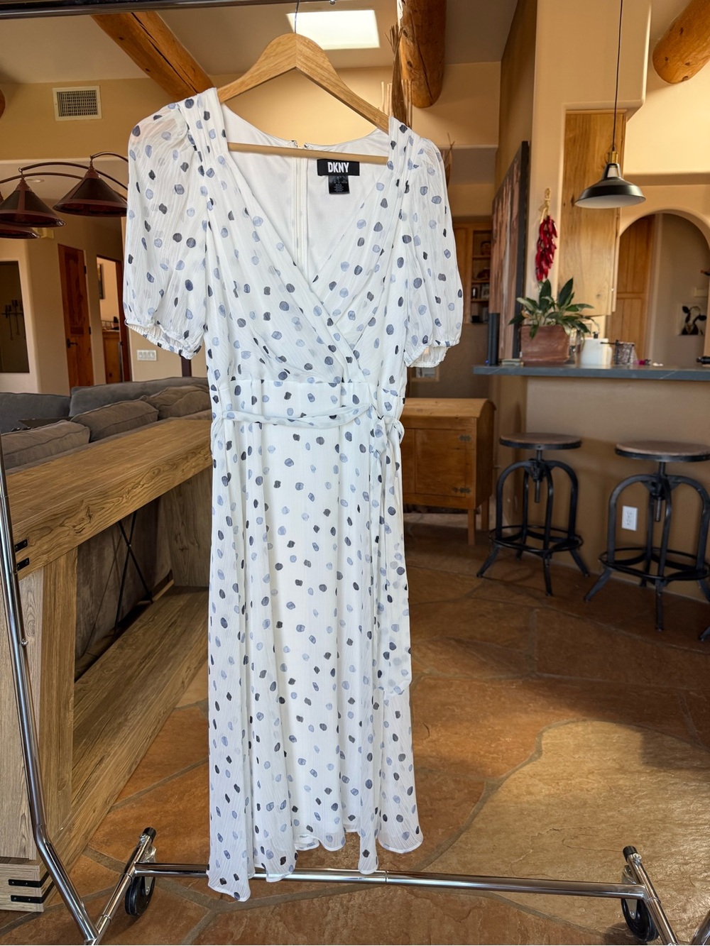 DKNY White Polka Dot Faux Wrap Midi Dress 
Size 8